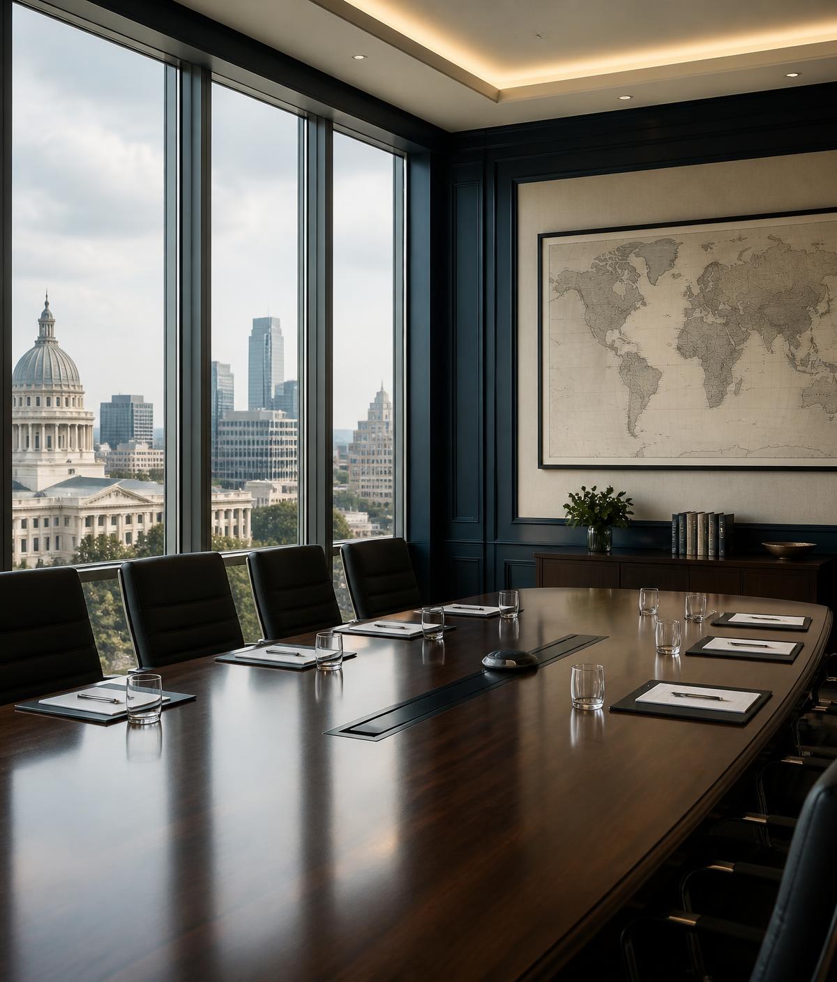 Institutional boardroom overlooking a Michigan city skyline